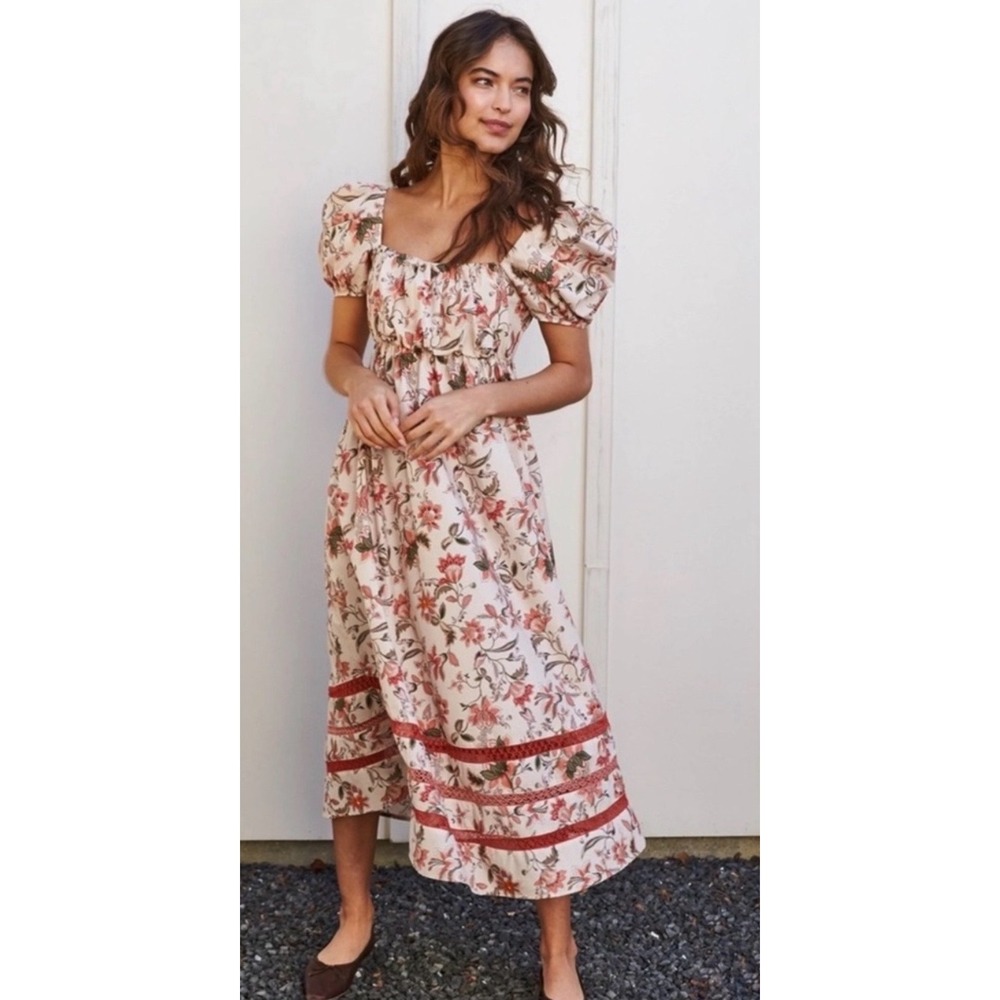Mi Golondrina Elena Midi Dress Large Crema Coral Floral Puff Sleeve Crochet